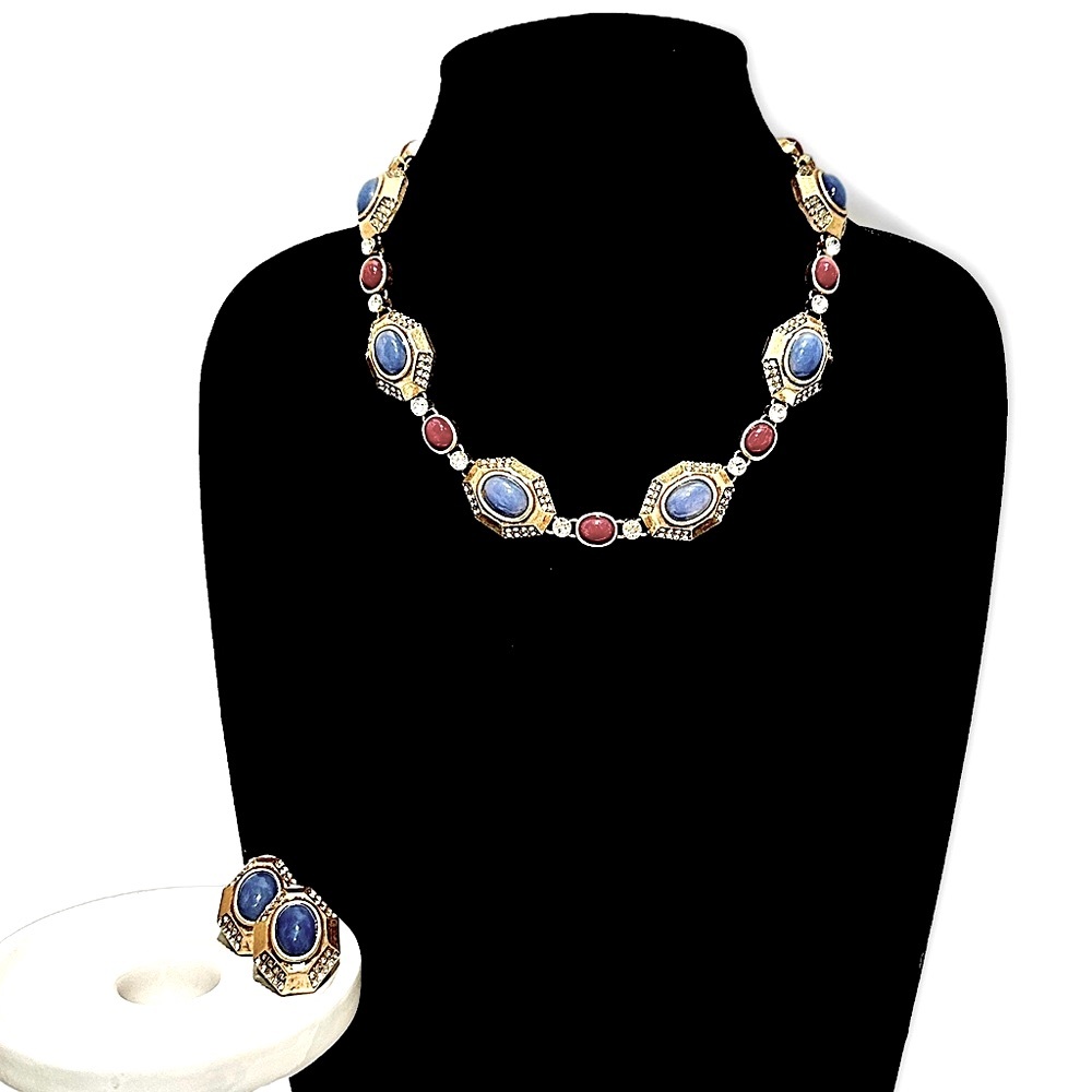 NEIMAN MARCUS | Vintage-Inspired Red & Blue Cabochon Necklace/Earring Set | NWOT - Picture 8 of 10